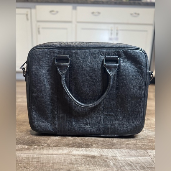 Hugo Boss Soft Black Pebble Leather Briefcase 15x11x2.5